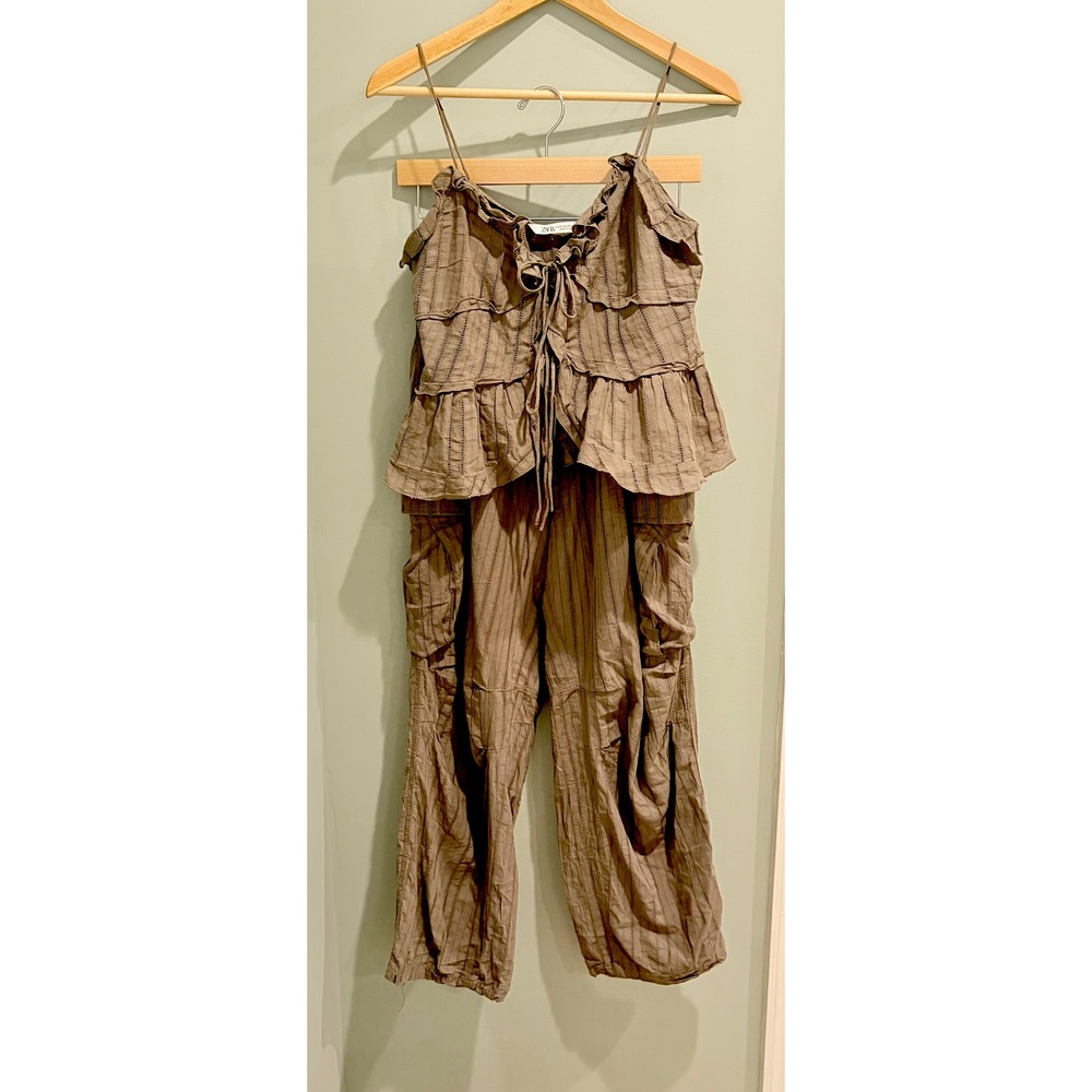Zara Two Piece Set Ruffle Peplum‎ Cami Top Cargo Pants Taupe Brown XS - Picture 4 of 11